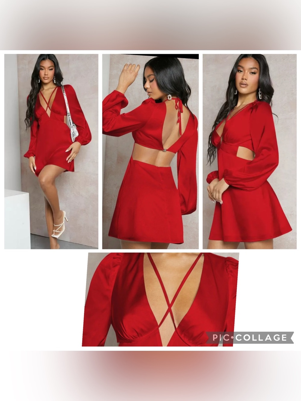 SHEIN BAE Plunging Neck Lantern Sleeve Crisscross Tie Backless Satin Dress in S